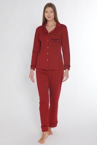 PINARCA EV GİYİM - Pınarca Kadın Pijama Takımı Uzun Kollu Düğmeli Gömlek Yaka Biyeli Cepli Pamuklu - Bordo