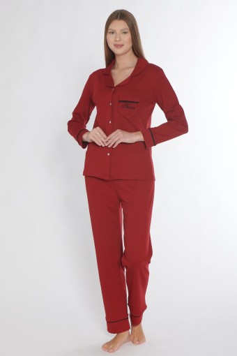PINARCA EV GİYİM - Pınarca Kadın Pijama Takımı Uzun Kollu Düğmeli Gömlek Yaka Biyeli Cepli Pamuklu - Bordo (1)