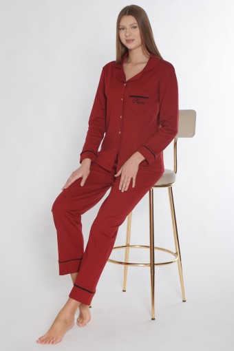 PINARCA EV GİYİM - Pınarca Kadın Pijama Takımı Uzun Kollu Düğmeli Gömlek Yaka Biyeli Cepli Pamuklu - Bordo