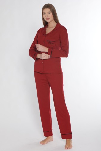 PINARCA EV GİYİM - Pınarca Kadın Pijama Takımı Uzun Kollu Düğmeli Gömlek Yaka Biyeli Cepli Pamuklu - Bordo