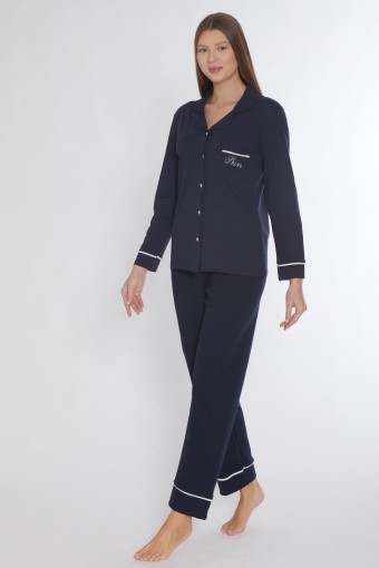 PINARCA EV GİYİM - Pınarca Kadın Pijama Takımı Uzun Kollu Düğmeli Gömlek Yaka Biyeli Cepli - Lacivert