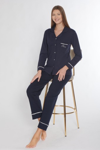 PINARCA EV GİYİM - Pınarca Kadın Pijama Takımı Uzun Kollu Düğmeli Gömlek Yaka Biyeli Cepli - Lacivert (1)