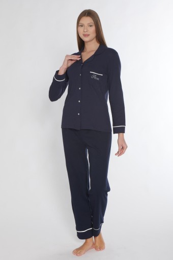PINARCA EV GİYİM - Pınarca Kadın Pijama Takımı Uzun Kollu Düğmeli Gömlek Yaka Biyeli Cepli - Lacivert (1)