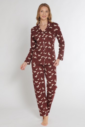 PINARCA EV GİYİM - Pınarca Kadın Pijama Takımı Uzun Kollu Düğmeli Gömlek Yaka İnterlok Çiçek Desenli - Mürdüm