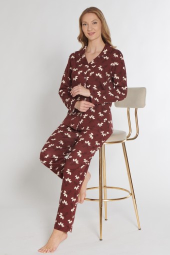 PINARCA EV GİYİM - Pınarca Kadın Pijama Takımı Uzun Kollu Düğmeli Gömlek Yaka İnterlok Çiçek Desenli - Mürdüm (1)