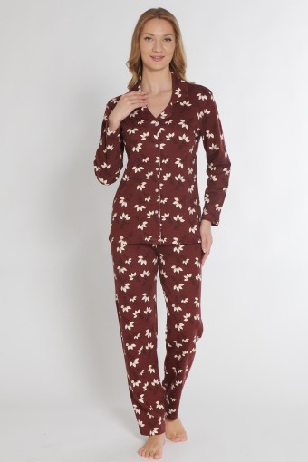 PINARCA EV GİYİM - Pınarca Kadın Pijama Takımı Uzun Kollu Düğmeli Gömlek Yaka İnterlok Çiçek Desenli - Mürdüm (1)