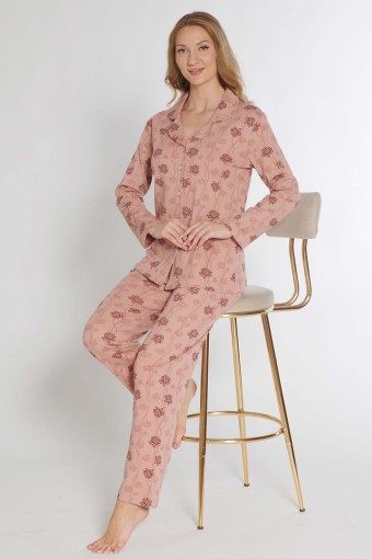 PINARCA EV GİYİM - Pınarca Kadın Pijama Takımı Uzun Kollu Düğmeli Gömlek Yaka İnterlok Çiçek Desenli - Pembe (1)