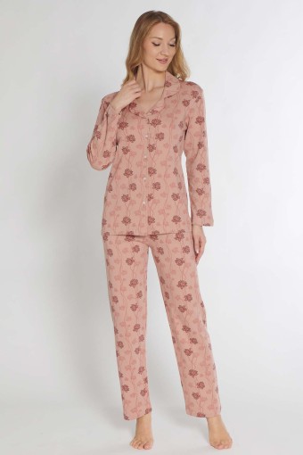 PINARCA EV GİYİM - Pınarca Kadın Pijama Takımı Uzun Kollu Düğmeli Gömlek Yaka İnterlok Çiçek Desenli - Pembe