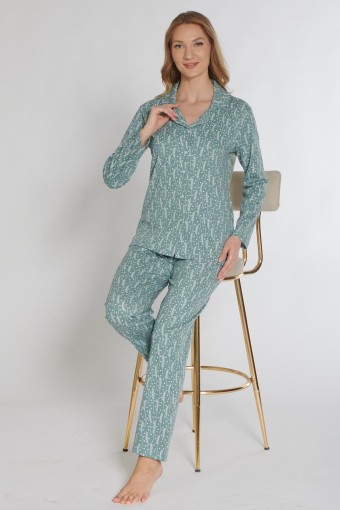 PINARCA EV GİYİM - Pınarca Kadın Pijama Takımı Uzun Kollu Düğmeli Gömlek Yaka İnterlok Desenli - Mint Yeşili (1)
