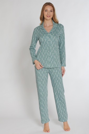 PINARCA EV GİYİM - Pınarca Kadın Pijama Takımı Uzun Kollu Düğmeli Gömlek Yaka İnterlok Desenli - Mint Yeşili