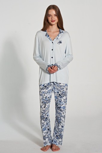 PINARCA EV GİYİM - Pınarca Kadın Pijama Takımı Uzun Kollu Düğmeli Gömlek Yaka - Mavi