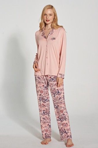 PINARCA EV GİYİM - Pınarca Kadın Pijama Takımı Uzun Kollu Düğmeli Gömlek Yaka - Somon