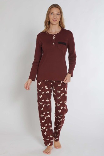 PINARCA EV GİYİM - Pınarca Kadın Pijama Takımı Uzun Kollu Düğmeli İnterlok Cep Dantel Detaylı - Mürdüm
