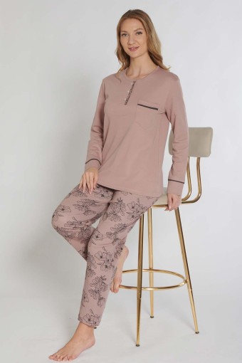 PINARCA EV GİYİM - Pınarca Kadın Pijama Takımı Uzun Kollu Düğmeli İnterlok Cep Kol Biyeli - Lila (1)