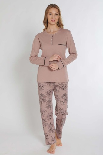 PINARCA EV GİYİM - Pınarca Kadın Pijama Takımı Uzun Kollu Düğmeli İnterlok Cep Kol Biyeli - Lila