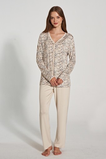 PINARCA EV GİYİM - Pınarca Kadın Pijama Takımı Uzun Kollu Gömlek Yaka Desenli - Bej