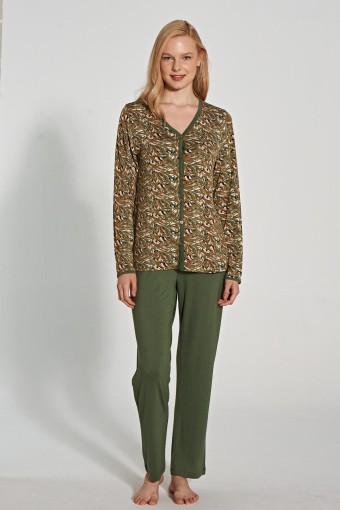 PINARCA EV GİYİM - Pınarca Kadın Pijama Takımı Uzun Kollu Gömlek Yaka Desenli - Yeşil