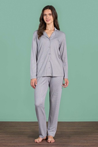 PINARCA EV GİYİM - Pınarca Kadın Pijama Takımı Uzun Kollu Gömlek Yaka Düz Melisa - Gri
