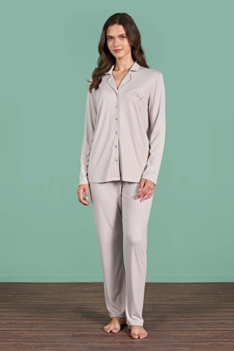 PINARCA EV GİYİM - Pınarca Kadın Pijama Takımı Uzun Kollu Gömlek Yaka Düz Melisa - Vizon