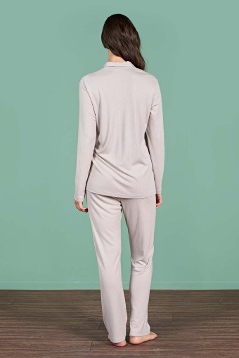 PINARCA EV GİYİM - Pınarca Kadın Pijama Takımı Uzun Kollu Gömlek Yaka Düz Melisa - Vizon (1)