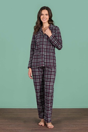 PINARCA EV GİYİM - Pınarca Kadın Pijama Takımı Uzun Kollu Gömlek Yaka Ekoseli Pamuklu Eşli - Bordo