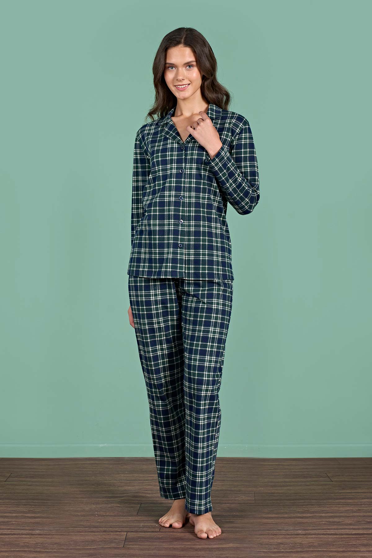 Pınarca Kadın Pijama Takımı Uzun Kollu Gömlek Yaka Ekoseli Pamuklu Eşli - Bordo - Thumbnail