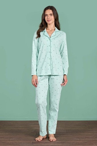 PINARCA EV GİYİM - Pınarca Kadın Pijama Takımı Uzun Kollu Gömlek Yaka Kalp Desenli Pamuklu - Mint Yeşili