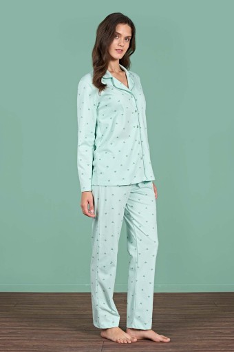 PINARCA EV GİYİM - Pınarca Kadın Pijama Takımı Uzun Kollu Gömlek Yaka Kalp Desenli Pamuklu - Mint Yeşili (1)