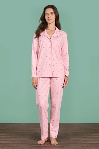 PINARCA EV GİYİM - Pınarca Kadın Pijama Takımı Uzun Kollu Gömlek Yaka Kalp Desenli Pamuklu - Pembe