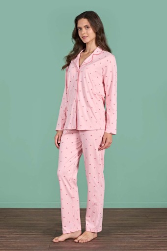 PINARCA EV GİYİM - Pınarca Kadın Pijama Takımı Uzun Kollu Gömlek Yaka Kalp Desenli Pamuklu - Pembe (1)