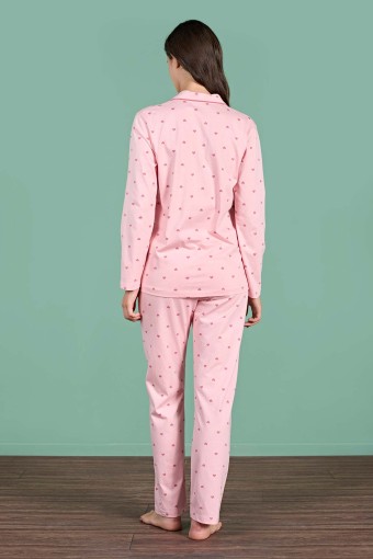 PINARCA EV GİYİM - Pınarca Kadın Pijama Takımı Uzun Kollu Gömlek Yaka Kalp Desenli Pamuklu - Pembe (1)