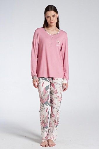 PINARCA EV GİYİM - Pınarca Kadın Pijama Takımı Uzun Kollu Düğmeli Pijaması Desenli - Pembe
