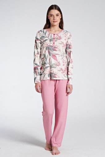PINARCA EV GİYİM - Pınarca Kadın Pijama Takımı Uzun Kollu Düğmeli Üstü Desenli - Pembe