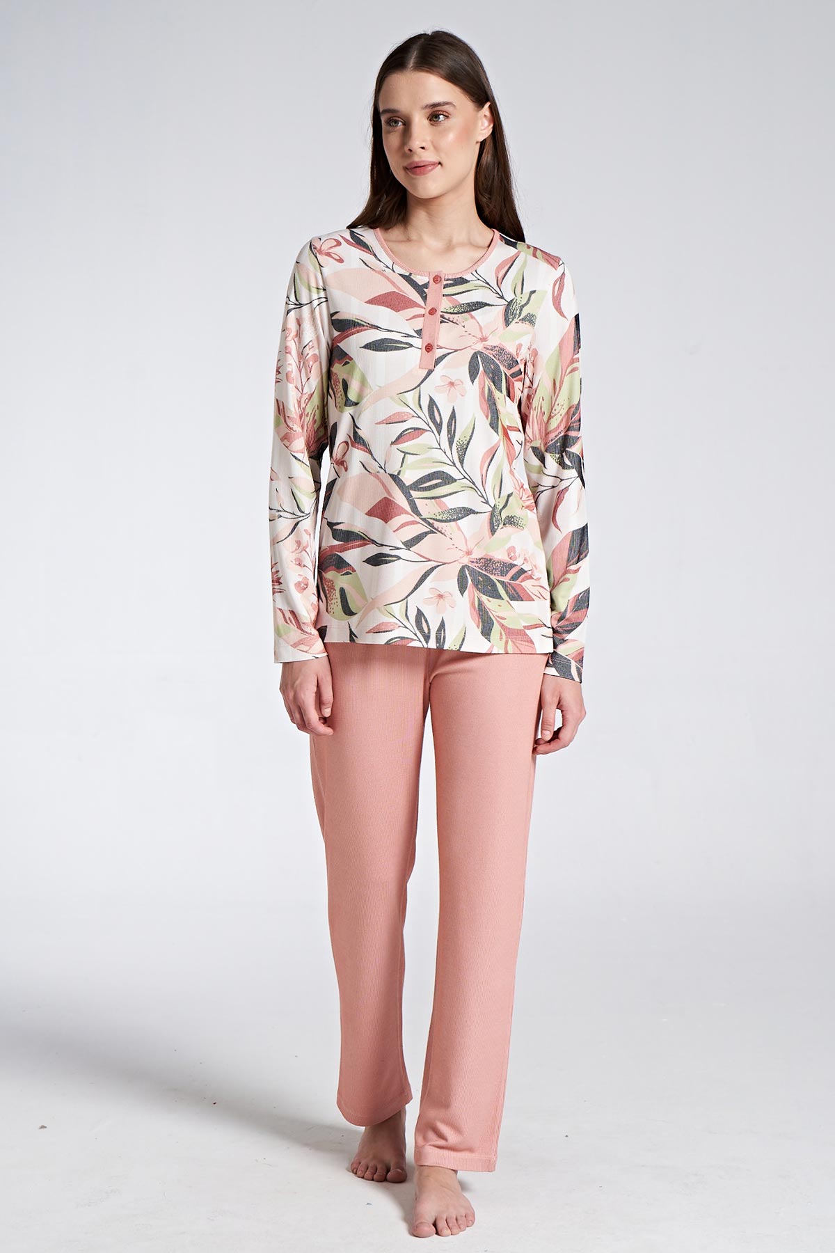 Pınarca Kadın Pijama Takımı Uzun Kollu Düğmeli Üstü Desenli - Pembe - Thumbnail