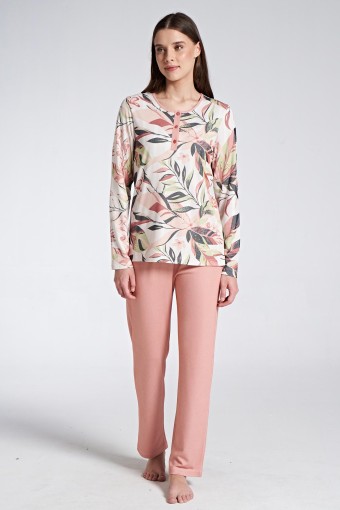 PINARCA EV GİYİM - Pınarca Kadın Pijama Takımı Uzun Kollu Düğmeli Üstü Desenli - Somon