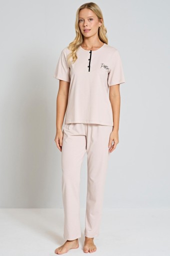 PINARCA EV GİYİM - Pınarca Kadın Pijama Takımı Yakası 3 Düğmeli Kısa Kollu - Bej