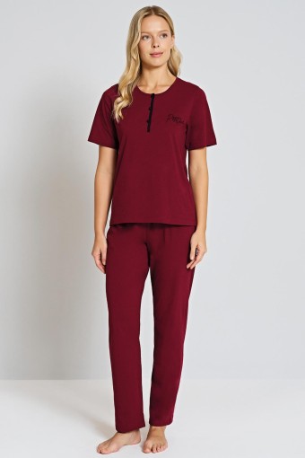PINARCA EV GİYİM - Pınarca Kadın Pijama Takımı Yakası 3 Düğmeli Kısa Kollu - Bordo