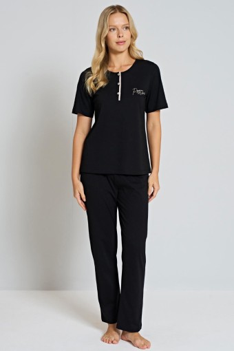 PINARCA EV GİYİM - Pınarca Kadın Pijama Takımı Yakası 3 Düğmeli Kısa Kollu - Siyah