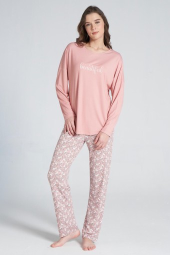 PINARCA EV GİYİM - Pınarca Kadın Pijama Takımı Bisiklet Yaka Altı Çiçek Desenli - Pembe