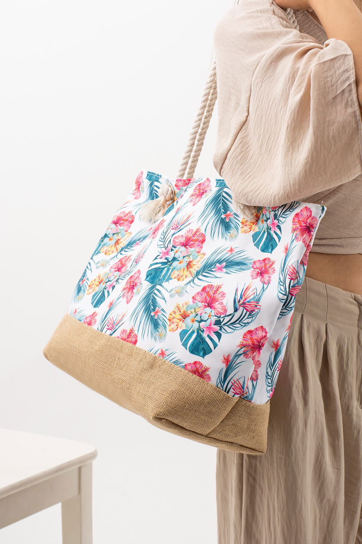 Pınarca Kadın Plaj Çantası Kulp Hasır Desenli - Thumbnail