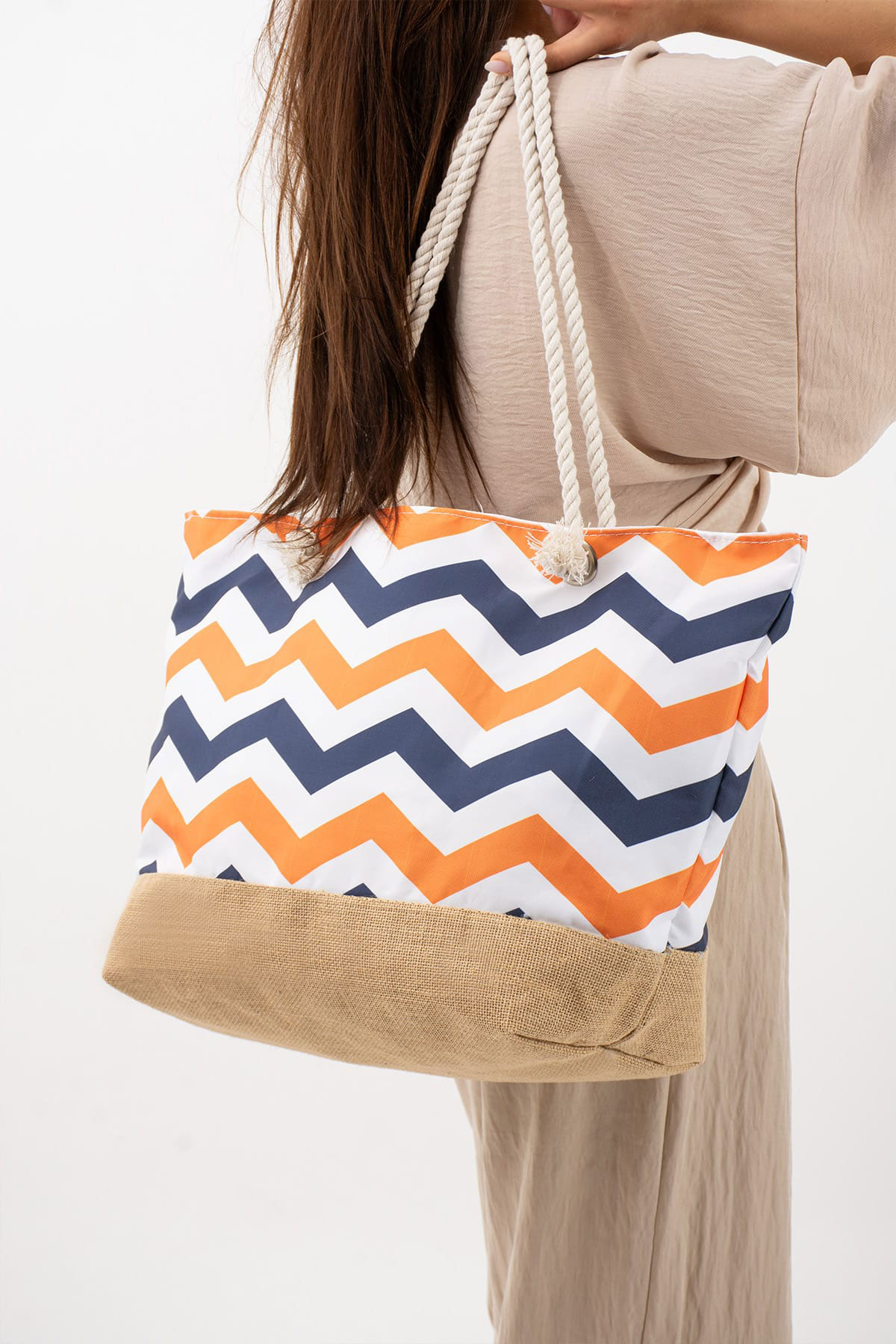 Pınarca Kadın Plaj Çantası Kulp Hasır Desenli - Thumbnail