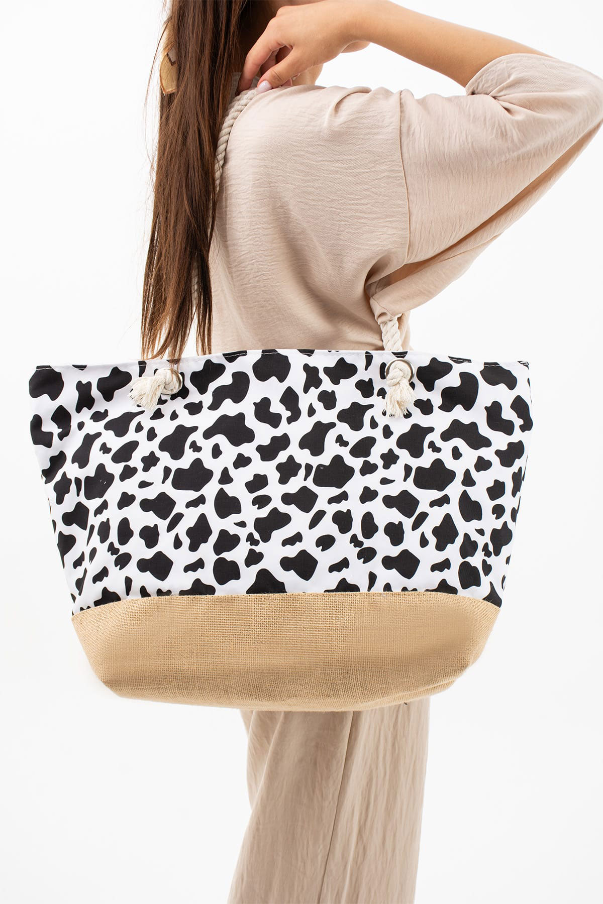 Pınarca Kadın Plaj Çantası Kulp Hasır Desenli - Thumbnail