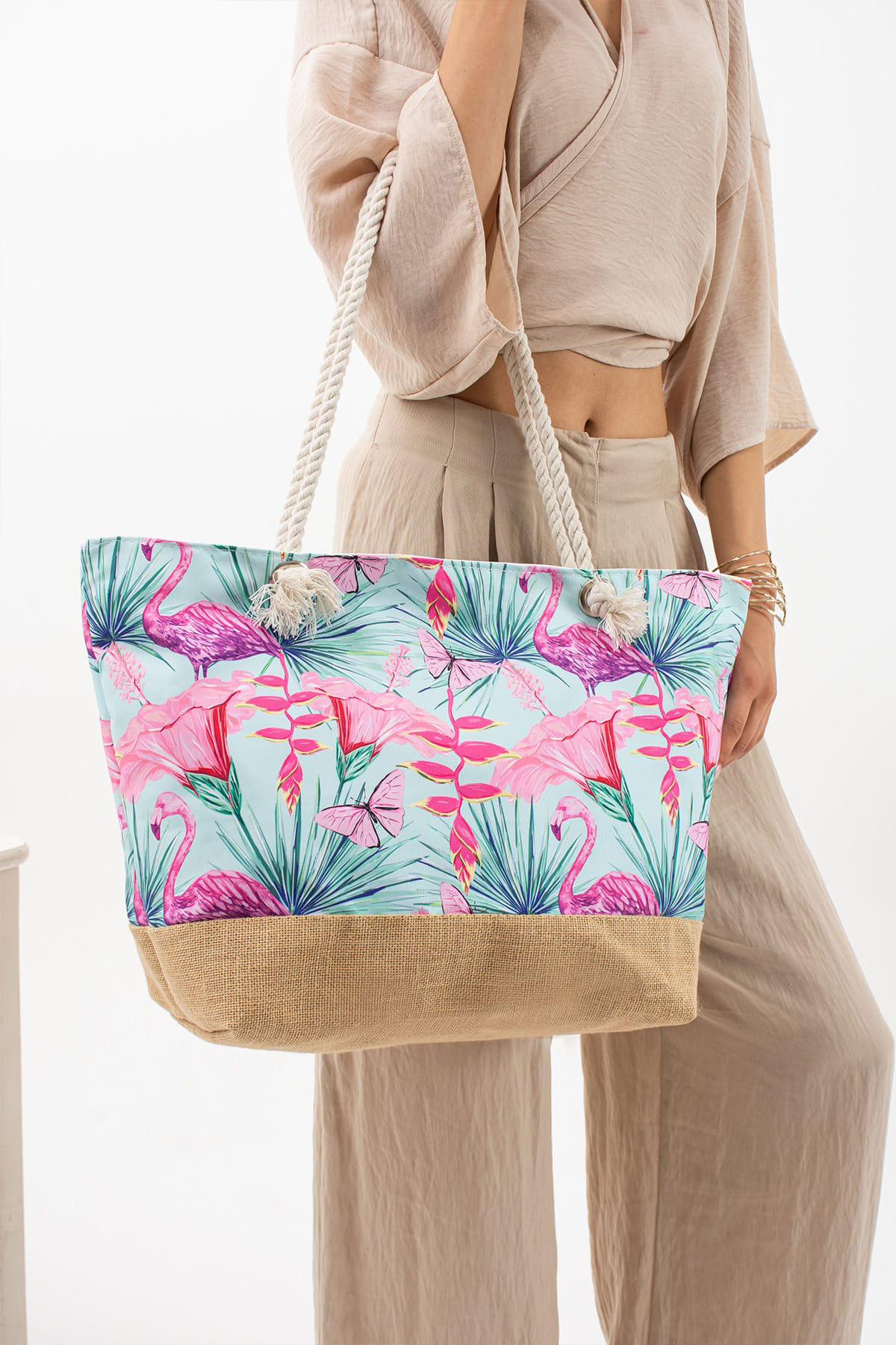 Pınarca Kadın Plaj Çantası Kulp Hasır Desenli - Thumbnail