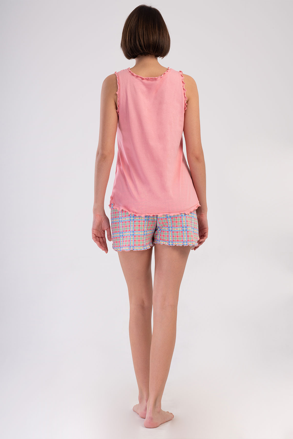 Pınarca Kadın Şortlu Takım Büyük Beden Kalın Askılı Frıfırlı Pamuklu Kare Yaka Ekose Desen - Açık Pembe - Thumbnail