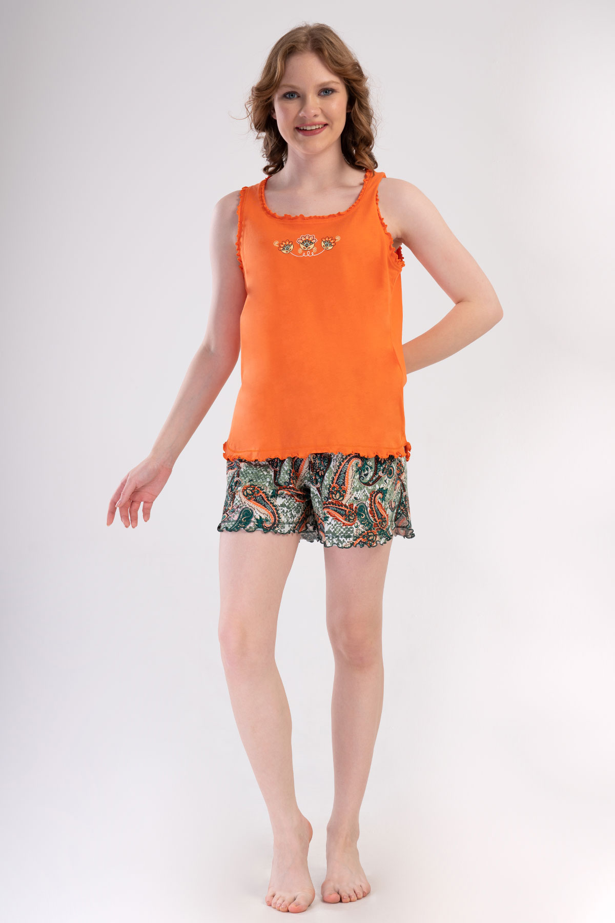 Pınarca Kadın Şortlu Takım Büyük Beden Kalın Askılı Frıfırlı Pamuklu Kare Yaka Şal Desen - Mercan - Thumbnail