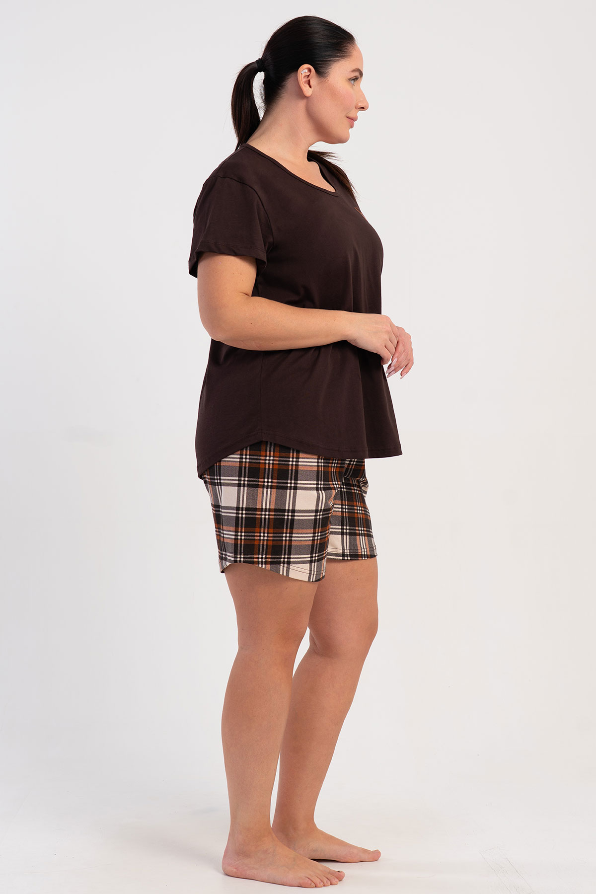 Pınarca Kadın Şortlu Takım Büyük Beden Kısa Kollu Pamuklu Bisiklet Yaka Ekose Desenli - Kahve - Thumbnail