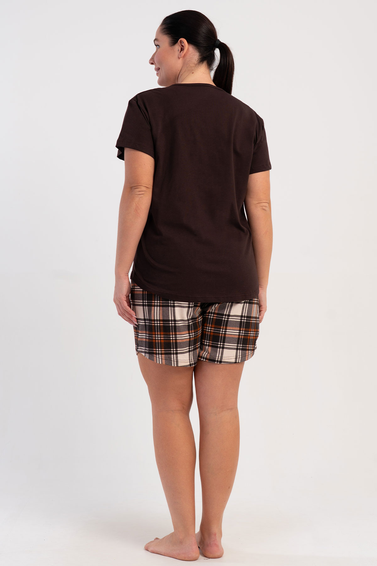 Pınarca Kadın Şortlu Takım Büyük Beden Kısa Kollu Pamuklu Bisiklet Yaka Ekose Desenli - Kahve - Thumbnail