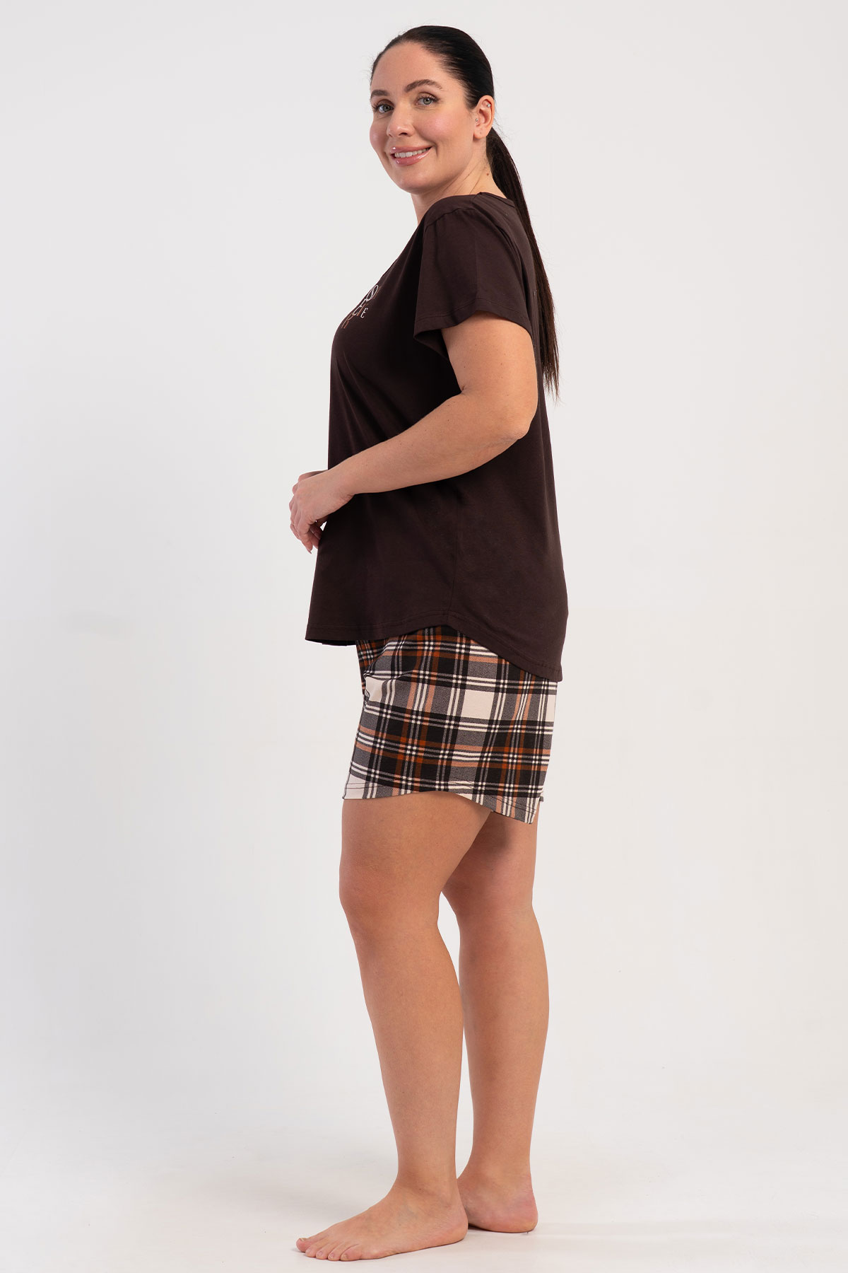 Pınarca Kadın Şortlu Takım Büyük Beden Kısa Kollu Pamuklu Bisiklet Yaka Ekose Desenli - Kahve - Thumbnail