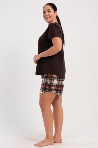 PINARCA EV GİYİM - Pınarca Kadın Şortlu Takım Büyük Beden Kısa Kollu Pamuklu Bisiklet Yaka Ekose Desenli - Kahve (1)