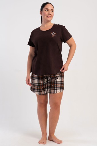 PINARCA EV GİYİM - Pınarca Kadın Şortlu Takım Büyük Beden Kısa Kollu Pamuklu Bisiklet Yaka Ekose Desenli - Kahve